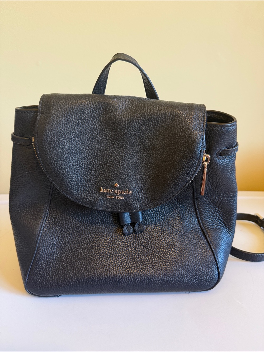 kate spade Black Pebbled Leather Mini Backpack with Gold Hardware
